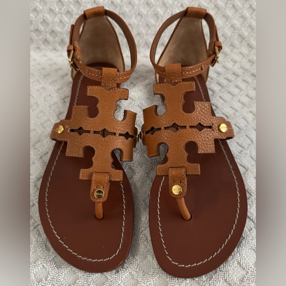 Tory Burch Phoebe Flat Thong Tumbled Leather Sandal Royal Tan Brown Size 6 30437 - Picture 3 of 16
